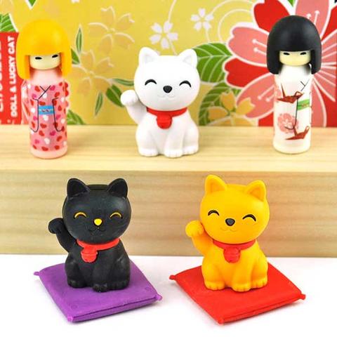Kokeshi Doll and Lucky Cat Eraser Set