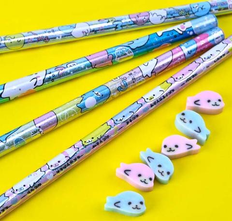 Mamegoma Glittery Pencil and Eraser Set